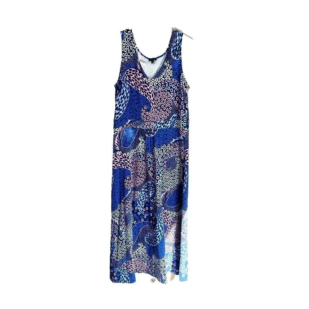 Talbots Women Multicolor Fit & Flare Dress Large Floral Pullover Sleeveless Blue